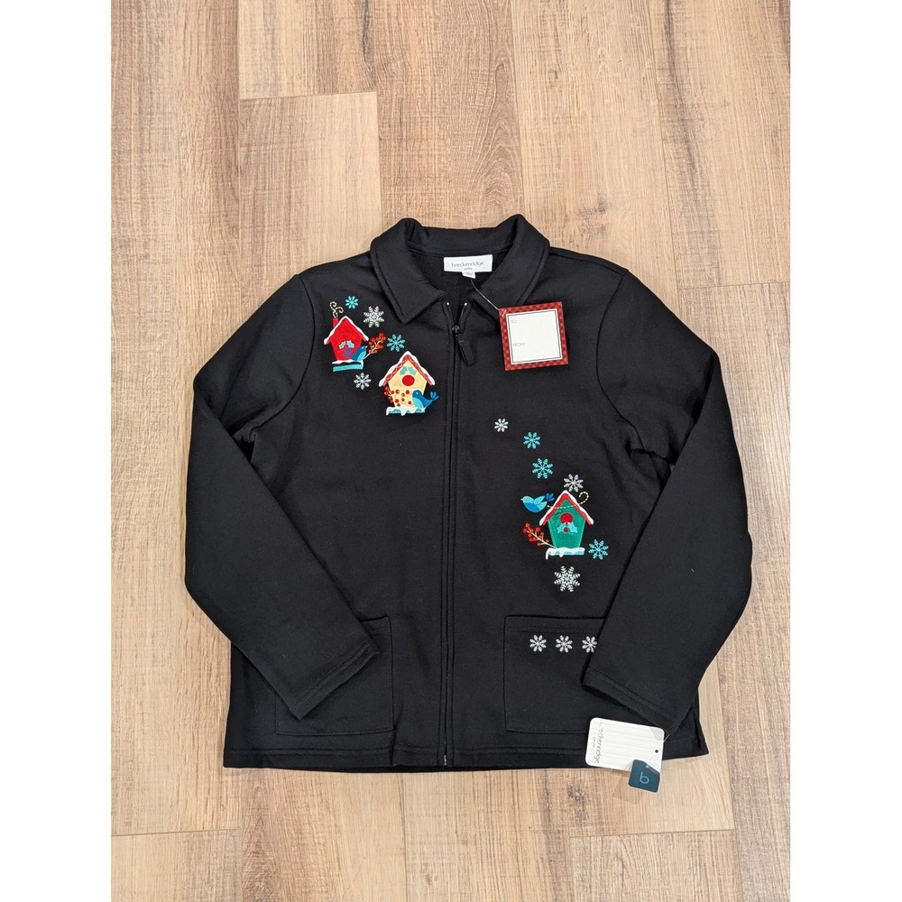 Breckenridge Petite L Fleece Cardigan Jacket Christmas Birdhouse Black BR4B5002P